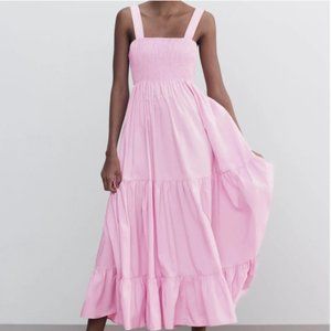 ZARA PINK POPLIN MIDI RUFFLED & SMOCKED TIER DRESS~S